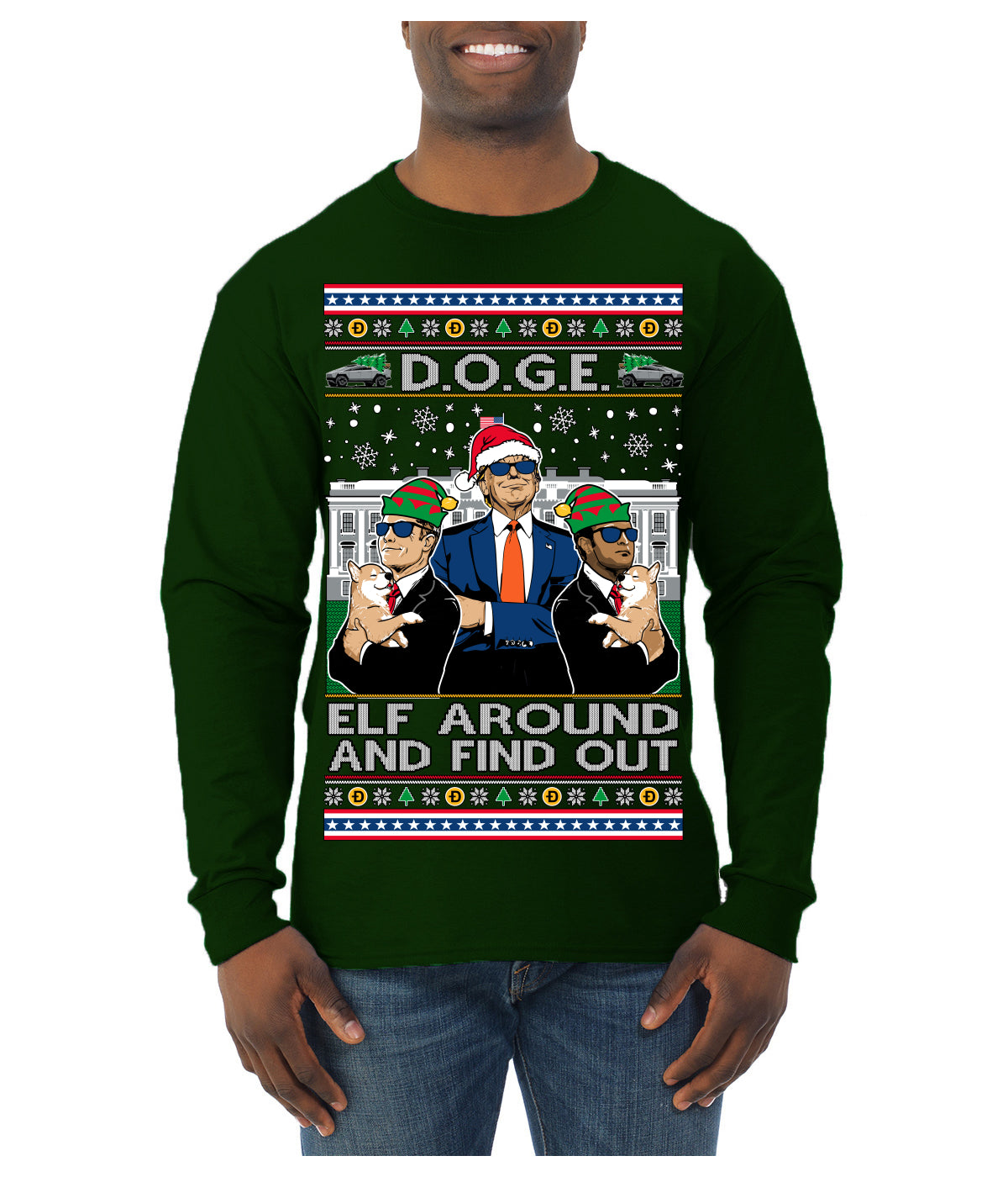 Doge Elf Around and Find Out Trump Elon Vivek MAGA Ugly Christmas Sweater Mens Long Sleeve Shirt