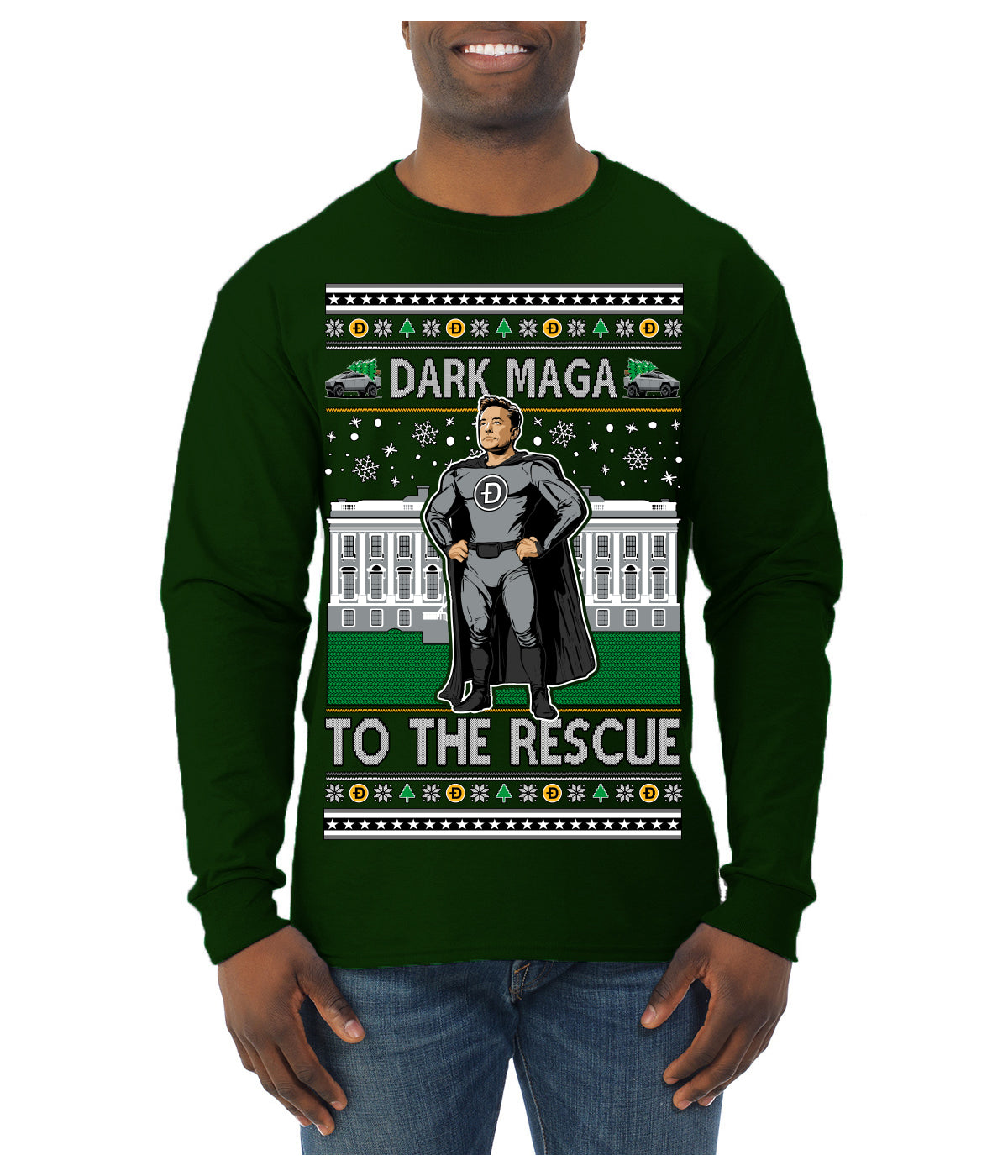 Dark MAGA to the Rescue Elon Superhero Doge Crypto Ugly Christmas Sweater Mens Long Sleeve Shirt