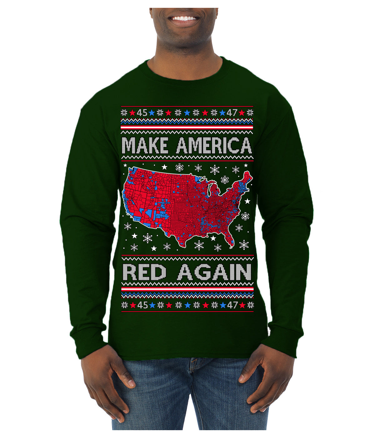 Make America Red Again USA Map Trump 2024 MAGA Ugly Christmas Sweater Mens Long Sleeve Shirt