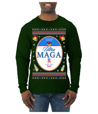 Ultra MAGA Superior Agenda Trump 2024 Funny Beer Logo Ugly Christmas Sweater Mens Long Sleeve Shirt