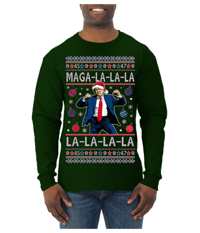 Maga La La La Funny Donald Trump Christmas Carol Song Ugly Christmas Sweater Mens Long Sleeve Shirt