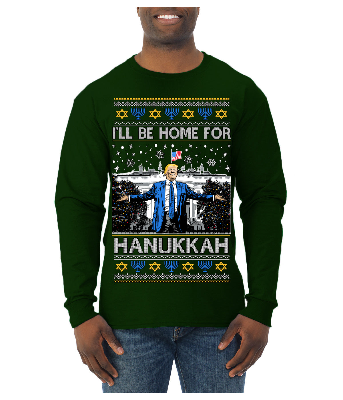 I'll Be Home for Hanukkah, Funny President Donald Trump JD Vance Winter Holiday Chanukah Hannukkah Channukah Ugly Christmas Sweater Mens Long Sleeve Shirt