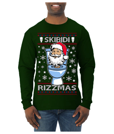 Skibidi Rizzmas Funny Toilet Video Viral Brain Rot Meme, Gen Z Alpha Slang Brainrot Memes Ugly Christmas Sweater Mens Long Sleeve Shirt