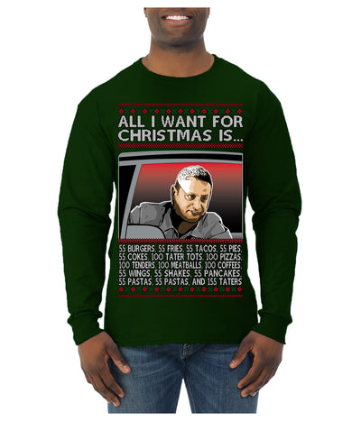 All I Want for Christmas Is 55 Burgers 55 Fries 55 Tacos 55 Pies, Funny Viral I Think Tim TV Show Gen Z Alpha Brainrot Meme Ugly Christmas Sweater Mens Long Sleeve Shirt