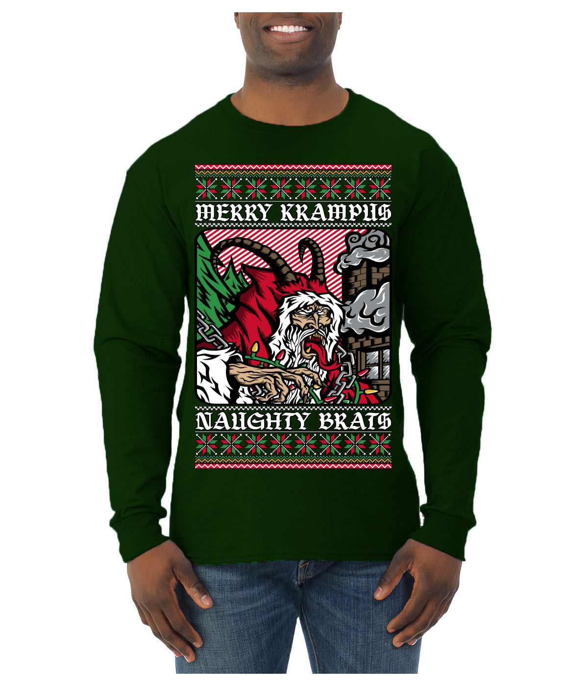 Merry Krampus Naughty Brats | Funny Ugly Christmas Sweater Mens Long Sleeve Shirt