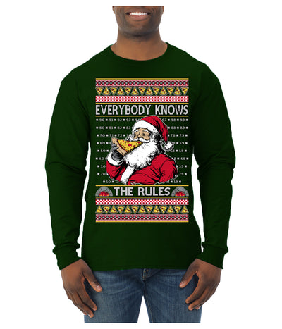 Everybody Knows the Rules Funny Santa Claus Pizza Score Ugly Christmas Sweater Mens Long Sleeve Shirt