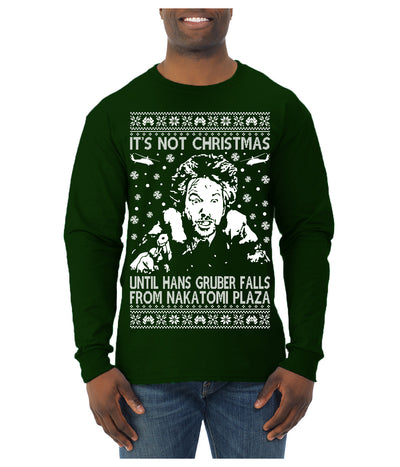It's Not Christmas Until Hans Gruber Falls From Nakatomi Plaza White Ugly Christmas Sweater Mens Long Sleeve Shirt