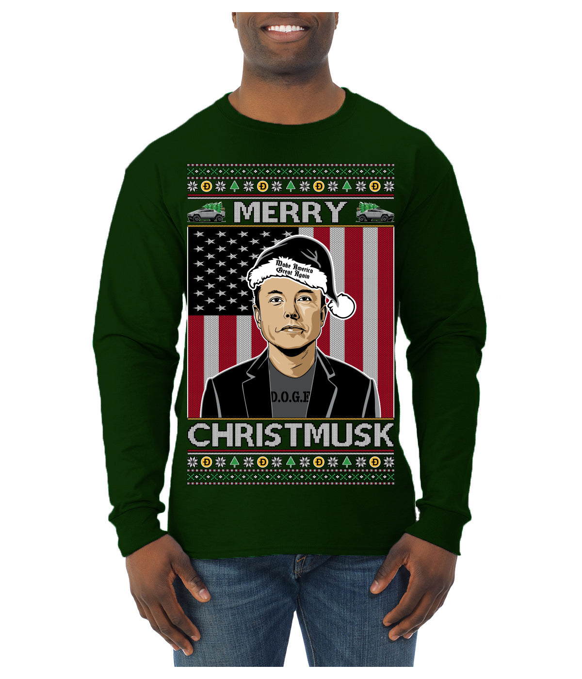 Merry Christmusk Funny Dark MAGA Santa Elon Doge Meme Ugly Christmas Sweater Mens Long Sleeve Shirt