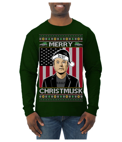 Merry Christmusk Funny Dark MAGA Santa Elon Doge Meme Ugly Christmas Sweater Mens Long Sleeve Shirt