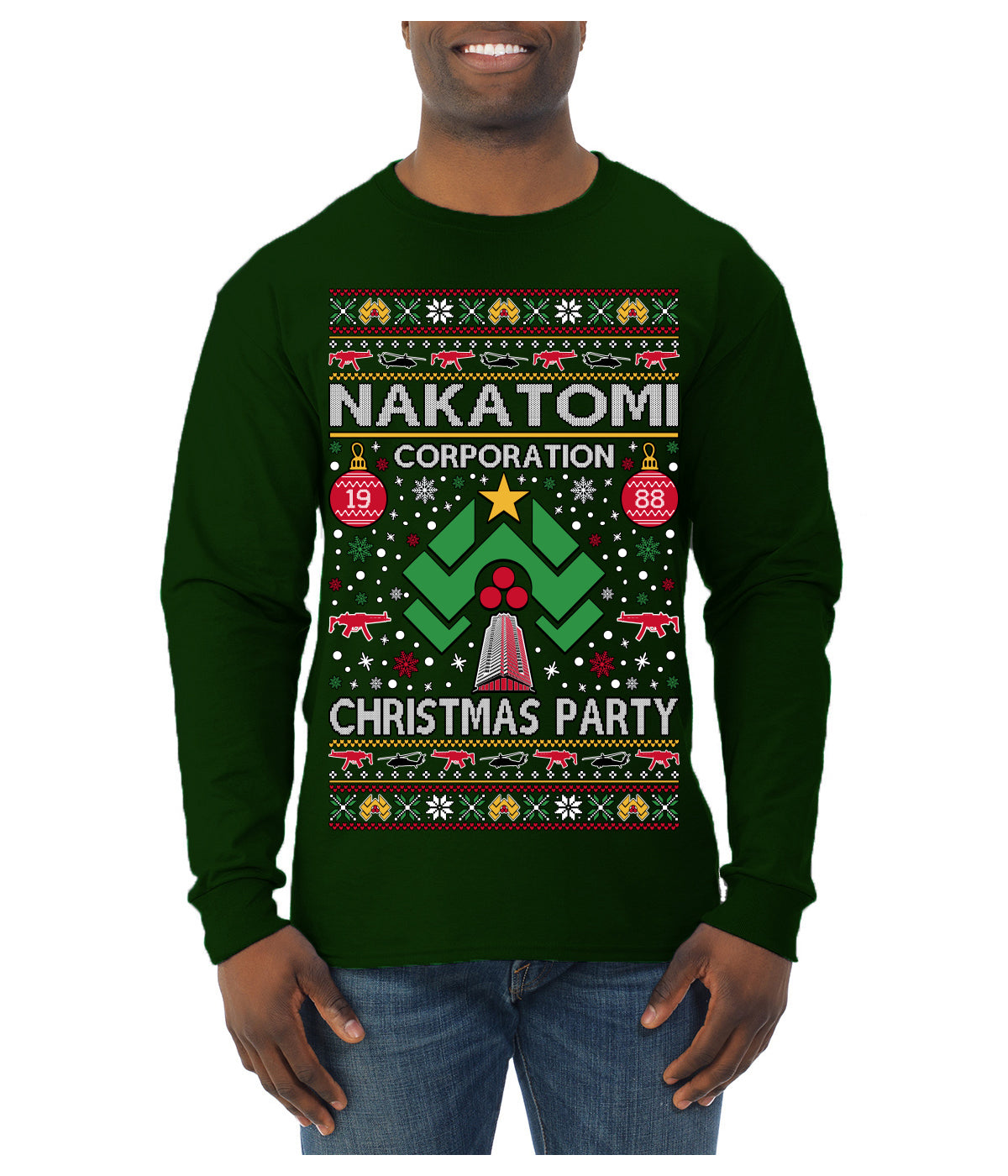 Nakatomi Corporation Christmas Party 1988 Plaza Logo, Classic Die Hard McClane 80s Xmas Movie Quote Ugly Christmas Sweater Mens Long Sleeve Shirt