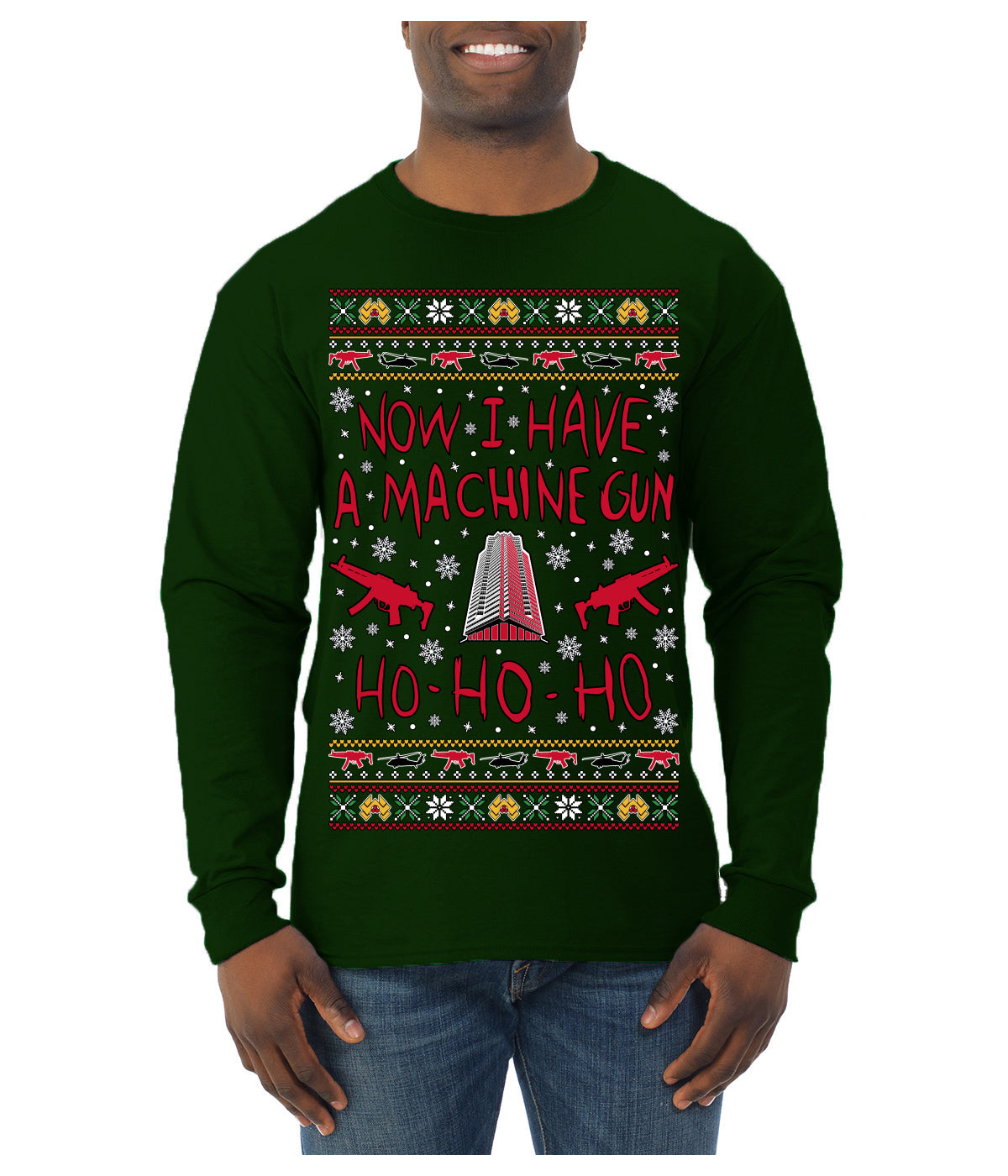 Now I Have a Machine Gun Ho Ho Ho Nakatomi Die Hard McClane Classic 80s Xmas Movie Ugly Christmas Sweater Mens Long Sleeve Shirt