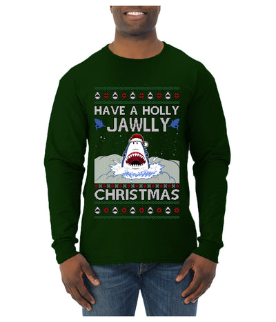 Have a Holly Jawlly Christmas, Cute Shark, Ugly Christmas Sweater Mens Long Sleeve Shirt