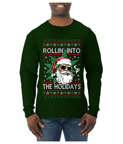 Rollin' Into The Holidays Christmas Sweater, Ugly Christmas Sweater Mens Long Sleeve Shirt