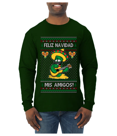 Feliz Navidad Mis Amigos!, Ugly Christmas Sweater Mens Long Sleeve Shirt