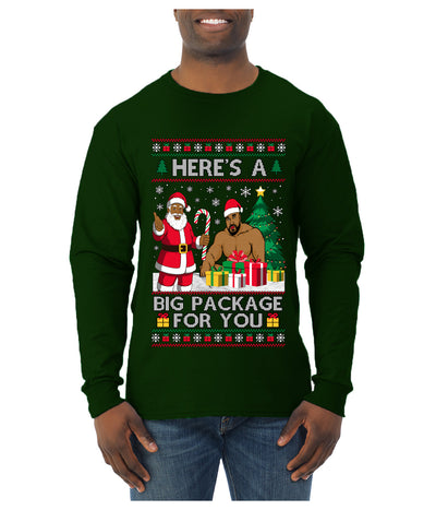 Here's A Big Package For You Black Santa Christmas Sweater, Ugly Christmas Sweater Mens Long Sleeve Shirt