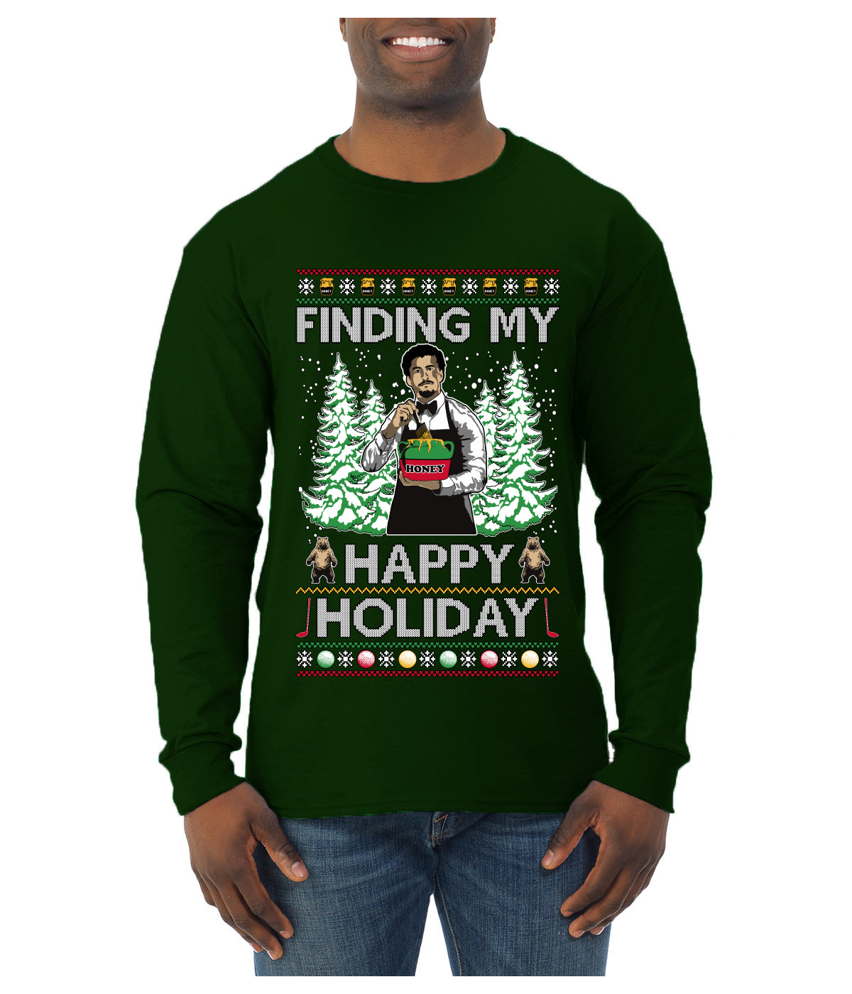 Finding My Happy Holiday, Ugly Christmas Sweater Mens Long Sleeve Shirt