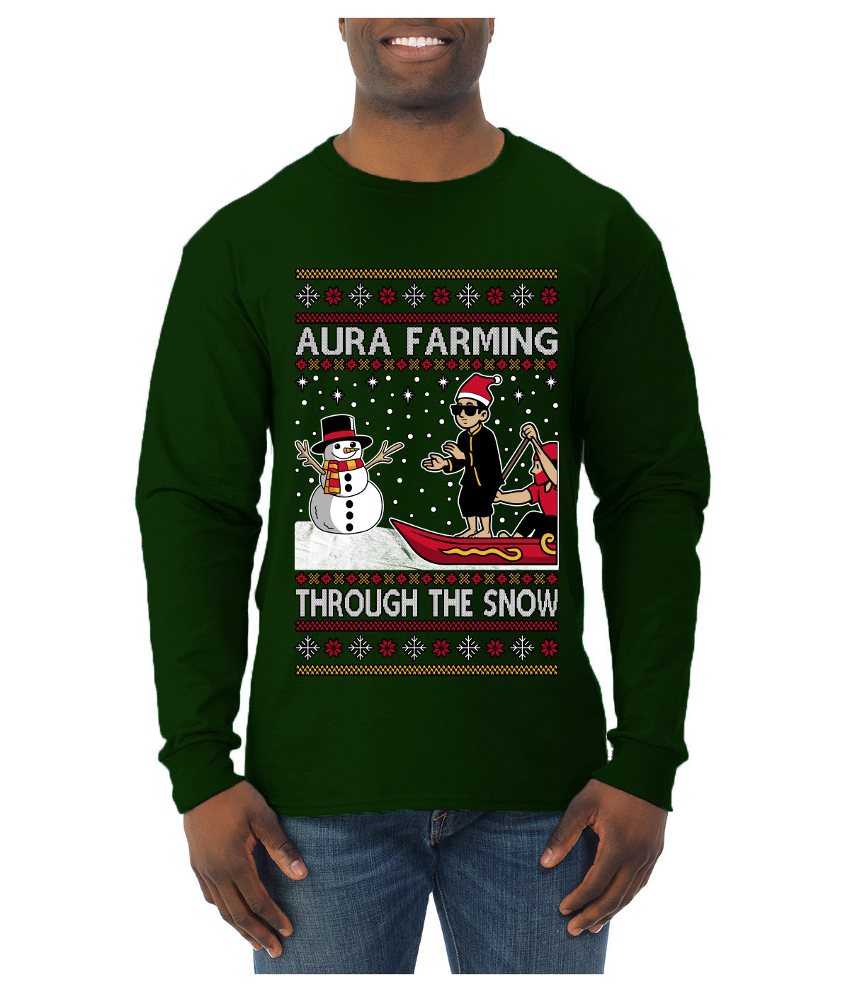 Aura Farming Through The Snow Meme, Ugly Christmas Sweater Unisex Mens Long Sleeve Shirt