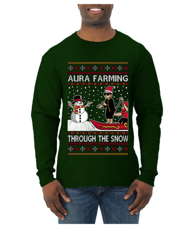 Aura Farming Through The Snow Meme, Ugly Christmas Sweater Unisex Mens Long Sleeve Shirt