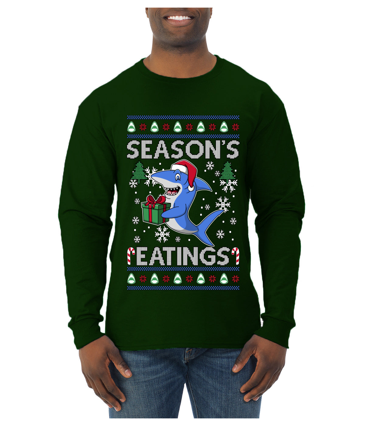 Season's Eatings Shark, Ugly Christmas Sweater Unisex Mens Long Sleeve Shirt