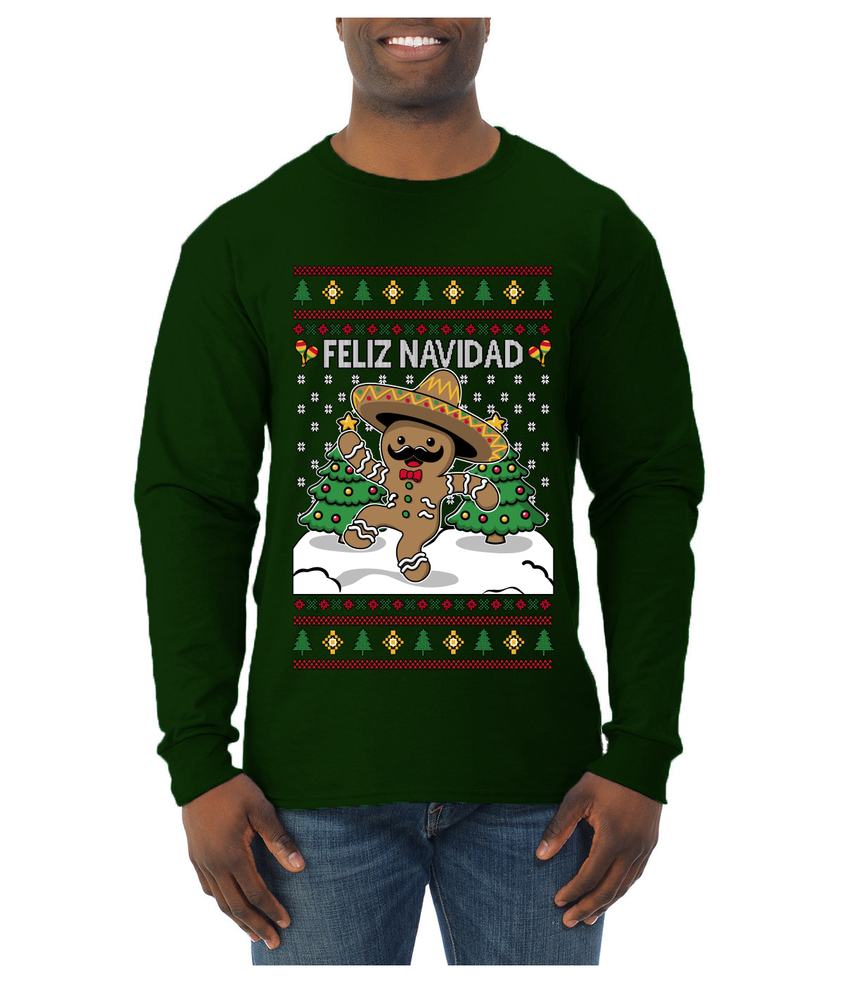 Feliz Navidad Dancing Gingerbread Man, Ugly Christmas Sweater Unisex Mens Long Sleeve Shirt