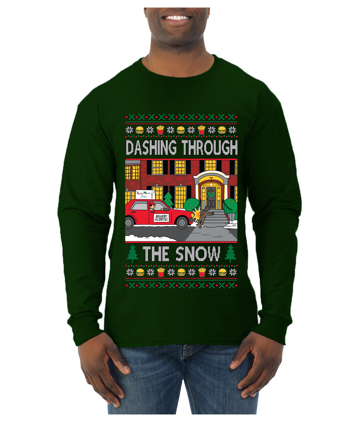 Dashing Through The Snow Classic 90s Holiday Movie, Ugly Christmas Sweater Unisex Mens Long Sleeve Shirt