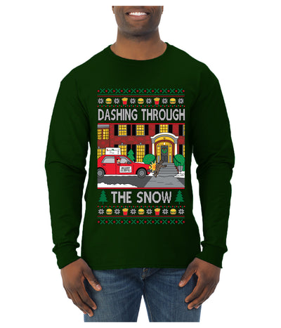 Dashing Through The Snow Classic 90s Holiday Movie, Ugly Christmas Sweater Unisex Mens Long Sleeve Shirt