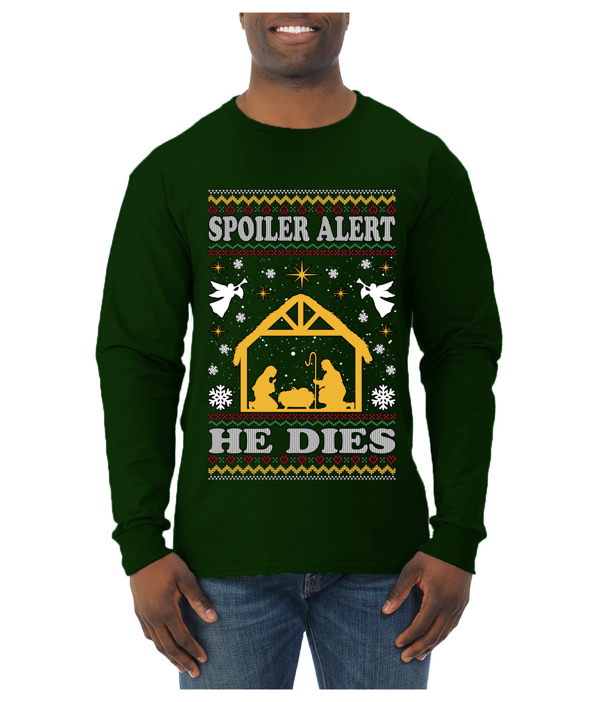 Spoiler Alert He Dies Nativity Scene, Ugly Christmas Sweater Unisex Mens Long Sleeve Shirt