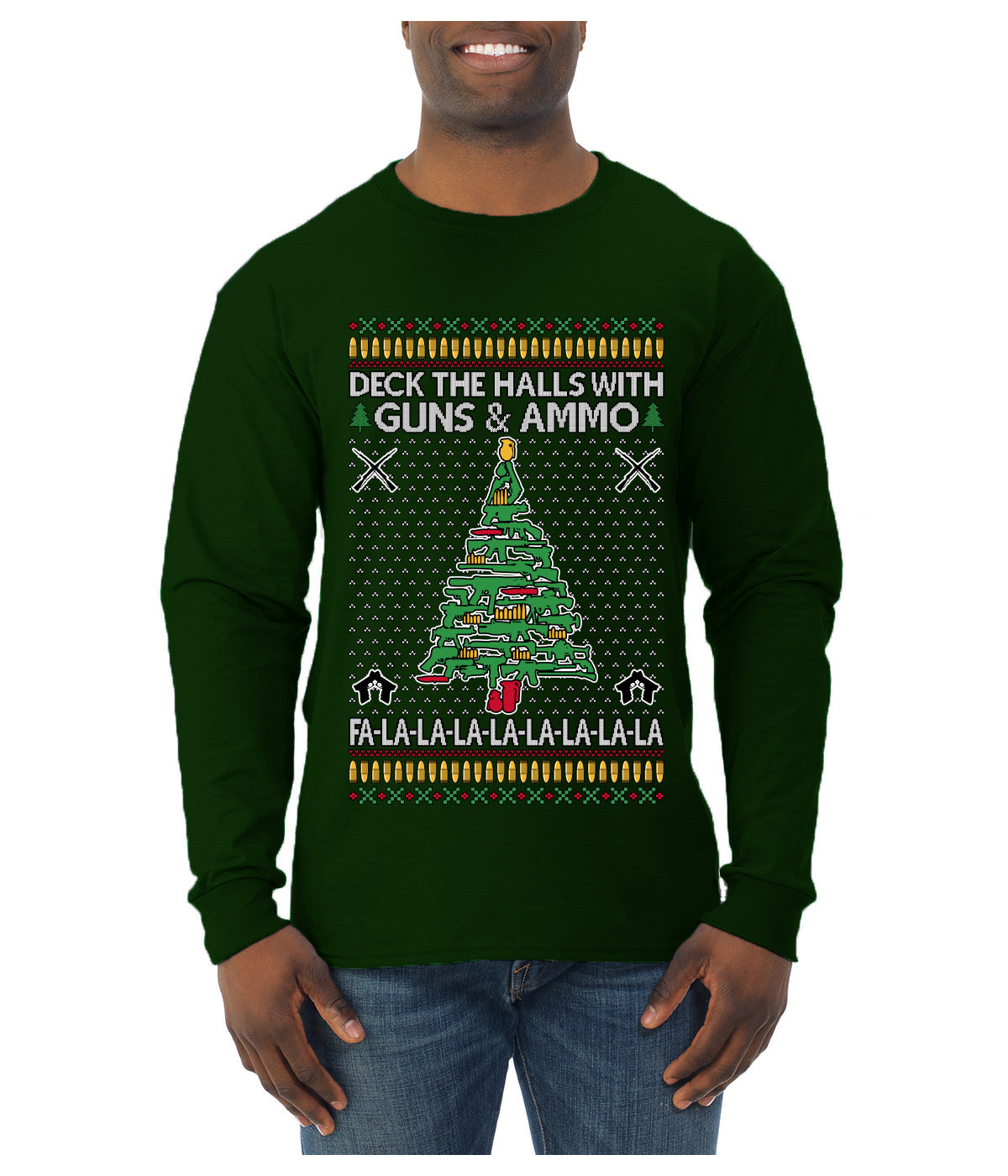 Deck The Halls With Guns & Ammo Fa La La La La, Ugly Christmas Sweater Unisex Mens Long Sleeve Shirt