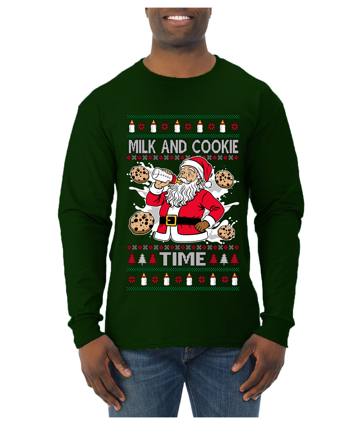 Milk And Cookie Time, Ugly Christmas Sweater Unisex Mens Long Sleeve Shirt