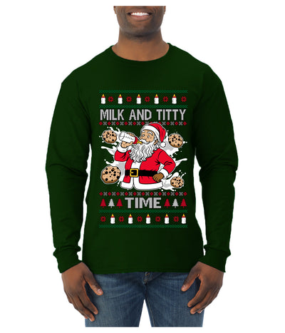 Milk And Titty Time, Ugly Christmas Sweater Unisex Mens Long Sleeve Shirt