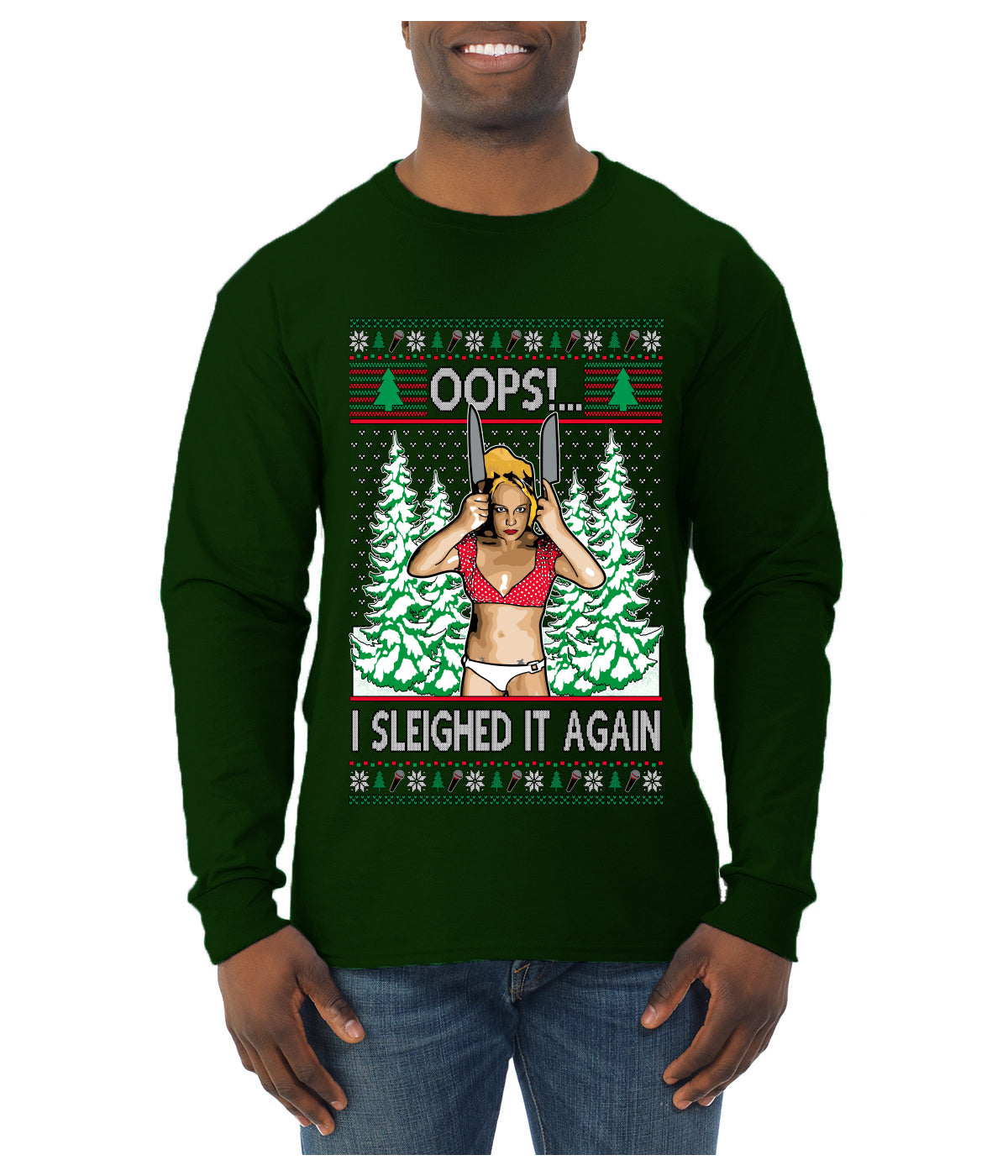 Funny, Knives Popstar Dancing, Music Lover Comedic Christmas Sweater Design, Ugly Christmas Sweater Unisex Mens Long Sleeve Shirt