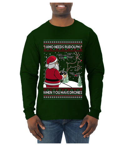 Santa Drone Show Reindeer, Ugly Christmas Sweater Unisex Mens Long Sleeve Shirt