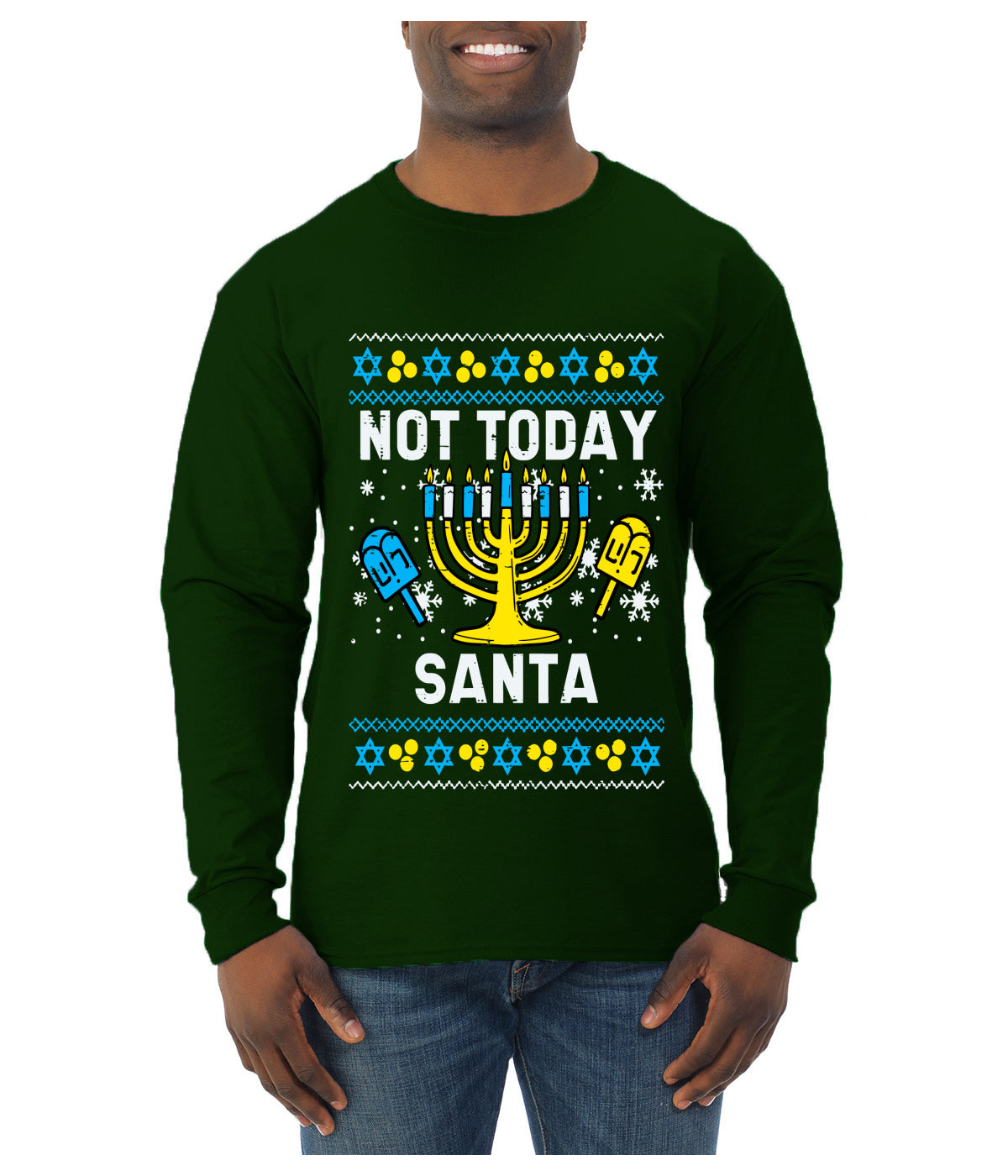 Not Today Santa Menorah Hanukkah, Ugly Christmas Sweater Unisex Mens Long Sleeve Shirt