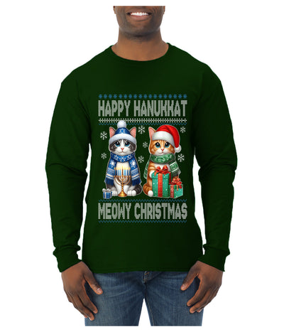 Happy Hanukkat Meowy Christmas, Ugly Christmas Sweater Unisex Mens Long Sleeve Shirt