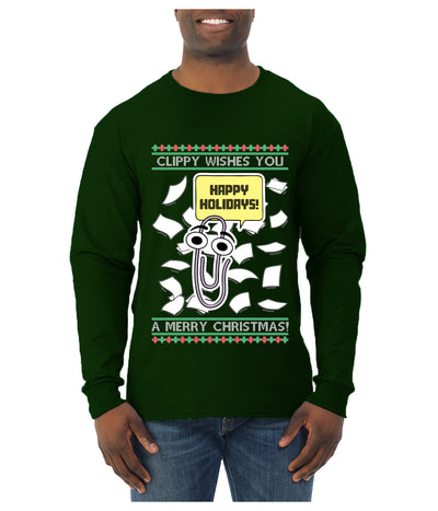 Clippy Wishes You A Merry Christmas Office Assistant, Ugly Christmas Sweater Unisex Mens Long Sleeve Shirt