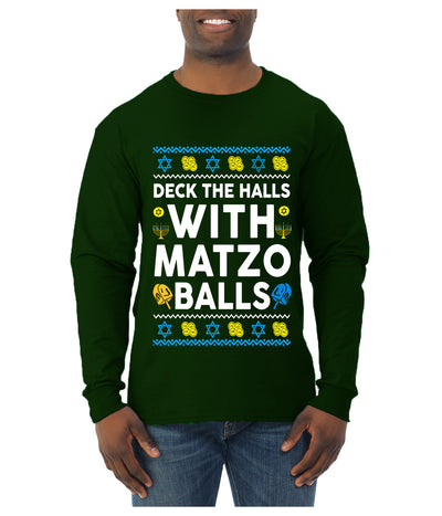 Deck The Halls With Matzo Balls Hanukkah, Ugly Christmas Sweater Unisex Mens Long Sleeve Shirt