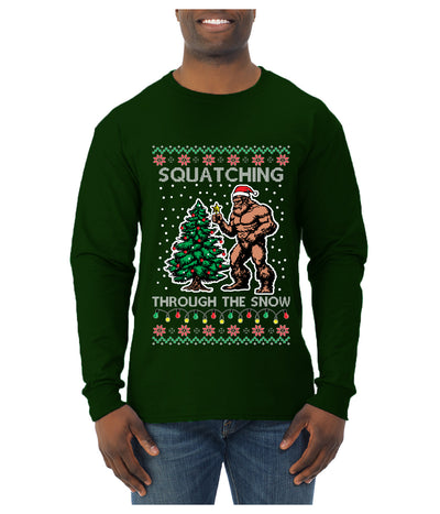 Squatching Through The Snow Bigfoot, Ugly Christmas Sweater Unisex Mens Long Sleeve Shirt