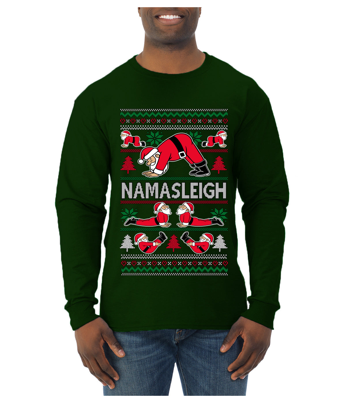 Namasleigh, Namaste Yoga Santa Claus, Ugly Christmas Sweater Unisex Mens Long Sleeve Shirt