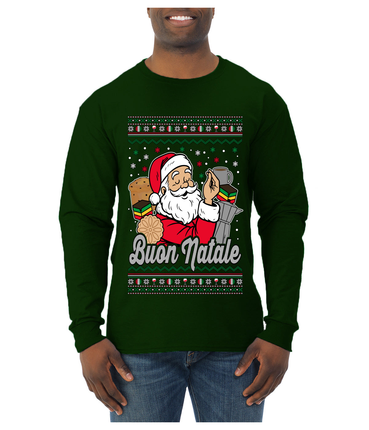 Buon Natale, Italian Santa Claus, Funny, Italian American Humor, Ugly Christmas Sweater Unisex Mens Long Sleeve Shirt