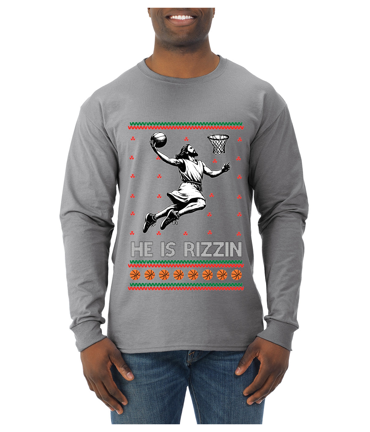 He Is Rizzin, Ugly Christmas Sweater Unisex Mens Long Sleeve Shirt