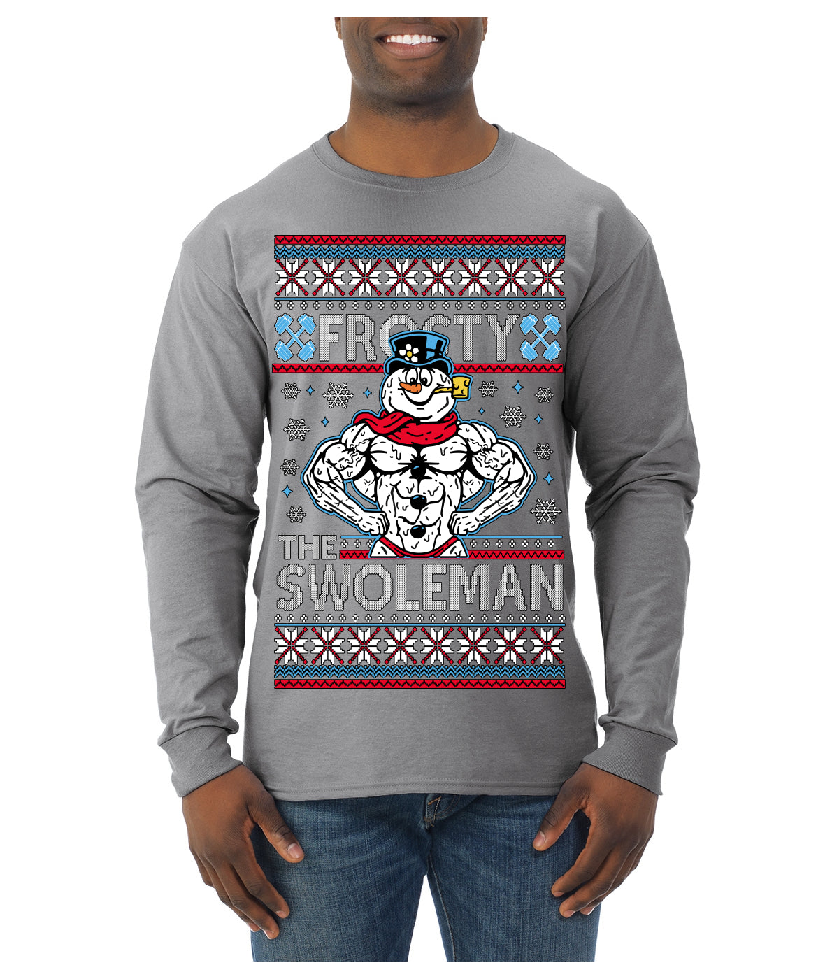 Frosty the Swoleman Funny Workout Lifting Snowman MovieUgly Christmas Sweater Mens Long Sleeve Shirt