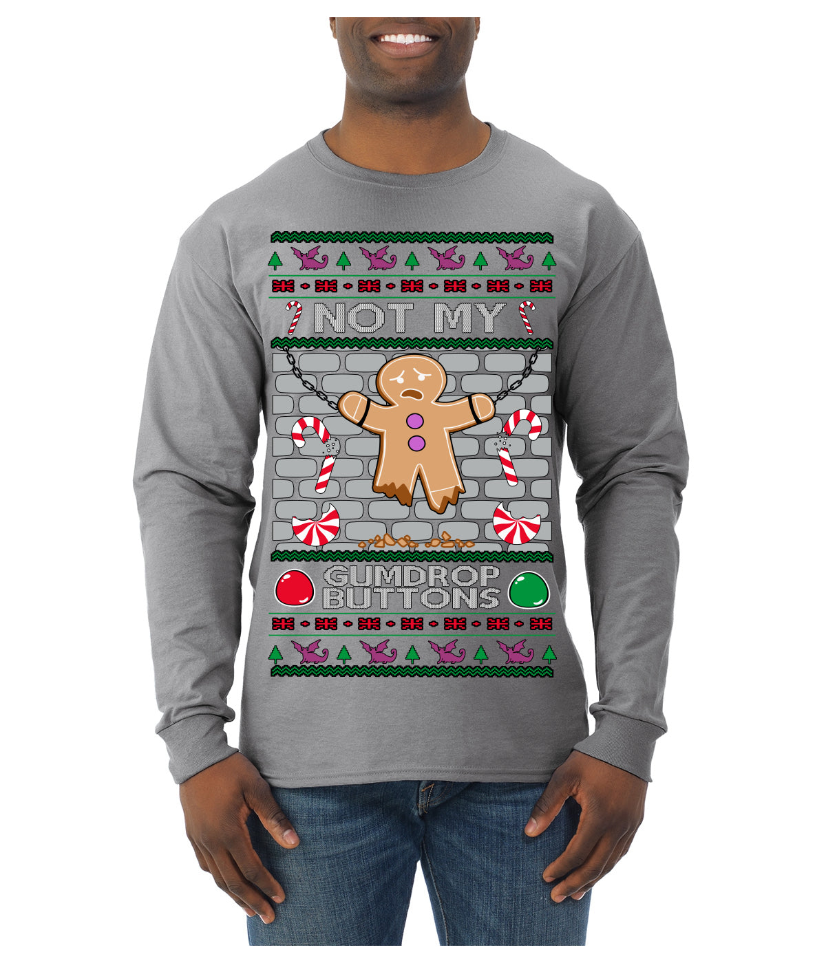 Not My Gumdrop Buttons Funny Classic Movie Quote Ugly Christmas Sweater Mens Long Sleeve Shirt