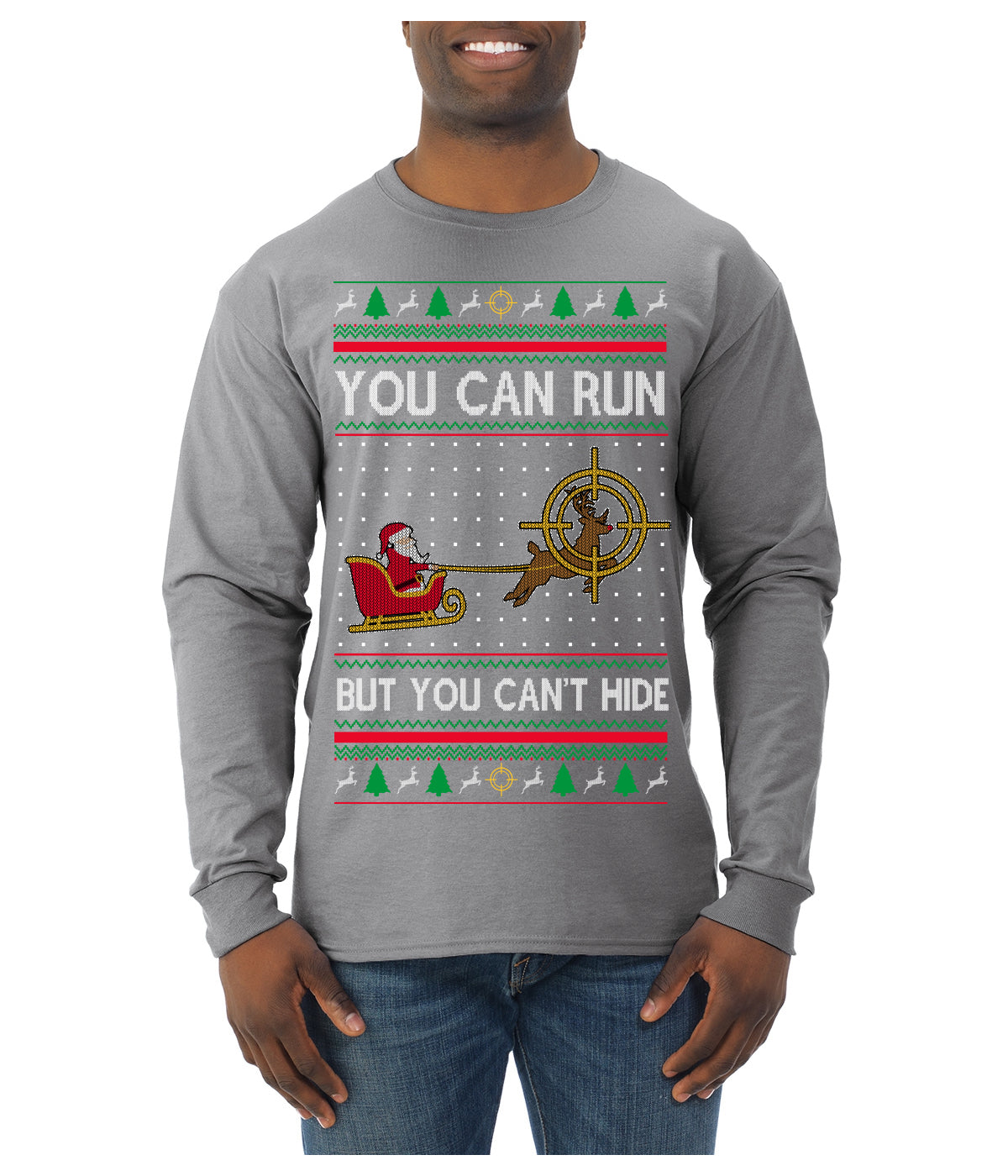 You Can Run But You Can't Hide Santa Sleigh Reindeer Ugly Christmas Sweater Mens Long Sleeve Shirt