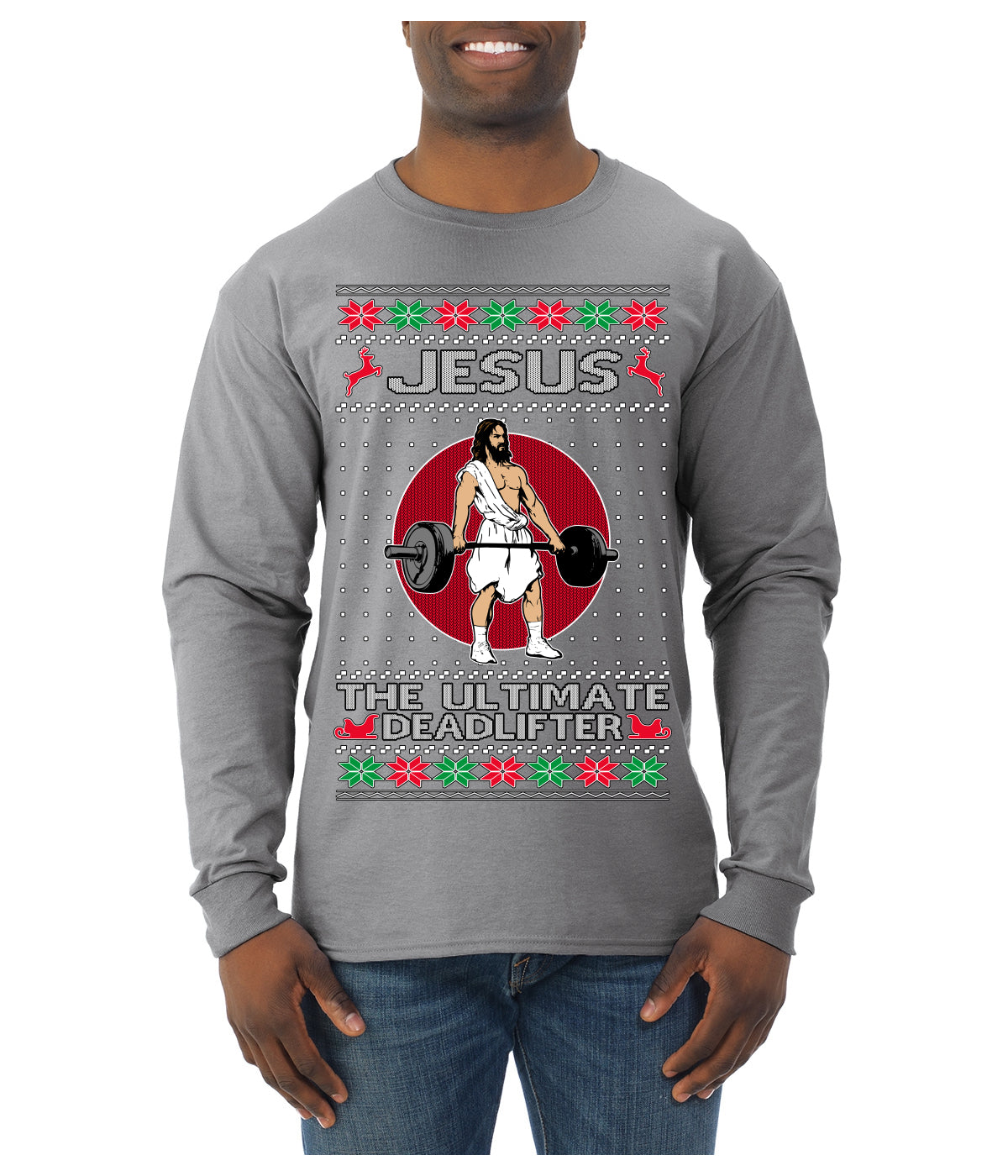 Jesus the Ultimate Deadlifter Funny Ugly Christmas Sweater Mens Long Sleeve Shirt