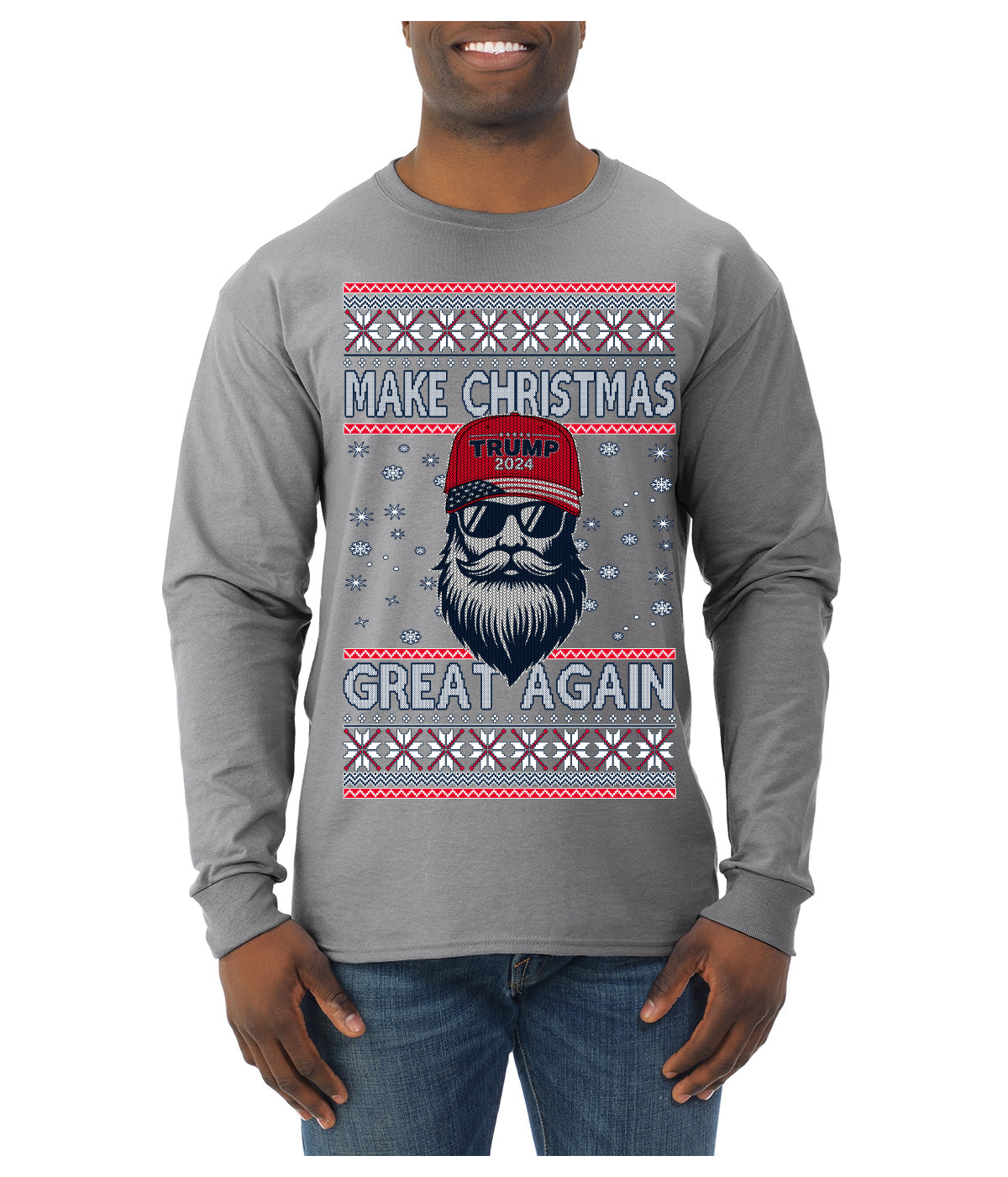 Make Christmas Great Again Trump Santa Claus 2024 MAGA,  Donald Trump JD Vance GOP Republican Ugly Christmas Sweater Mens Long Sleeve Shirt