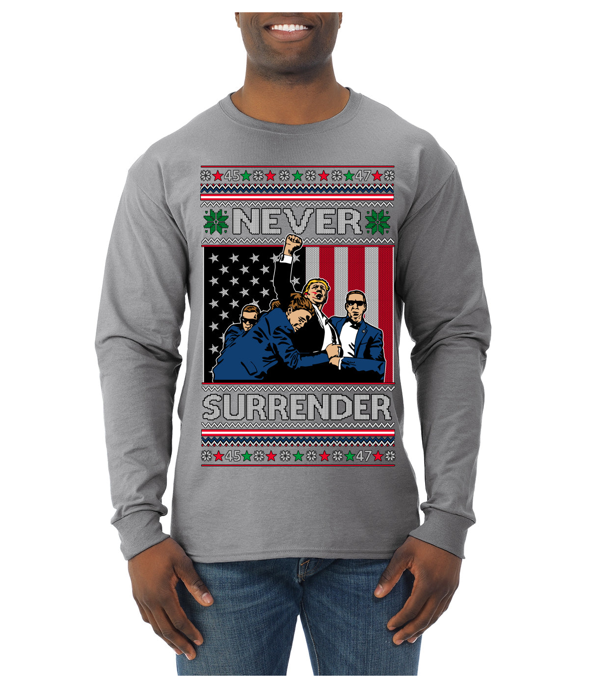Never Surrender Pro Donald Trump Fight Fist Pump 2024 Ugly Christmas Sweater Mens Long Sleeve Shirt