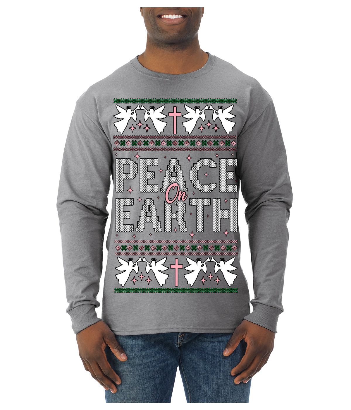 Peace On Earth Funny Xmas Cute Pink Angel Cross Ugly Christmas Sweater Mens Long Sleeve Shirt