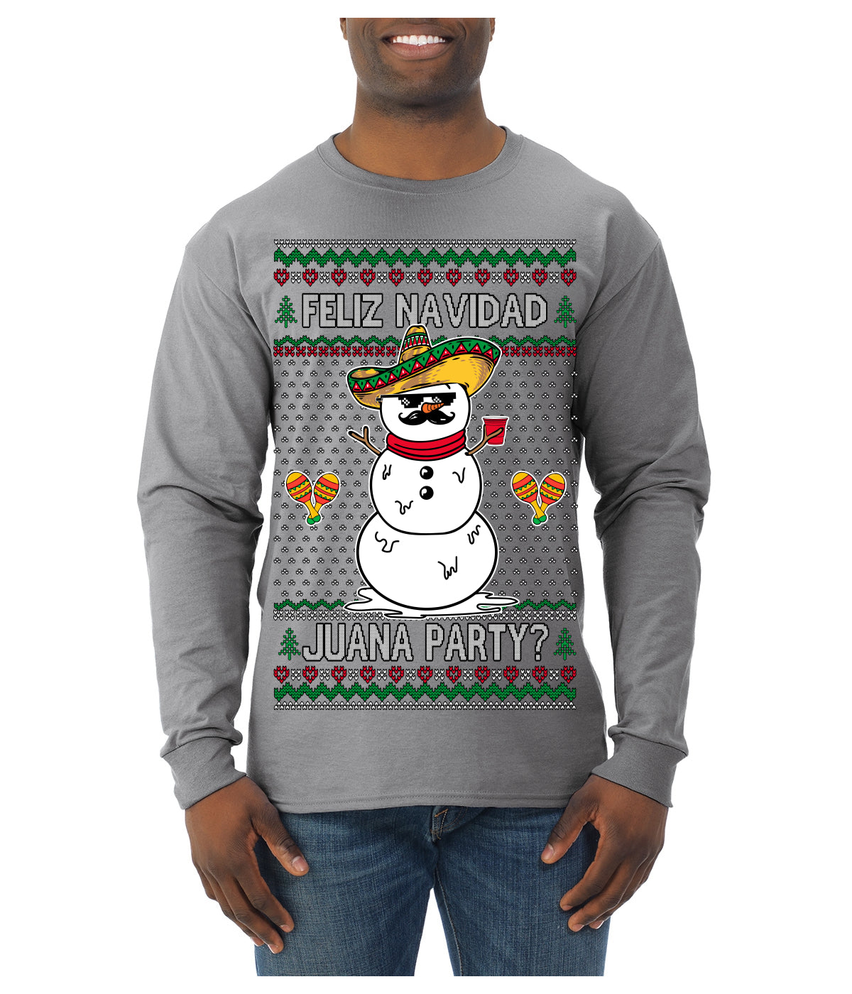 Feliz Navidad Juana Party Funny Spanish Drinking Cerveza Ugly Christmas Sweater Mens Long Sleeve Shirt