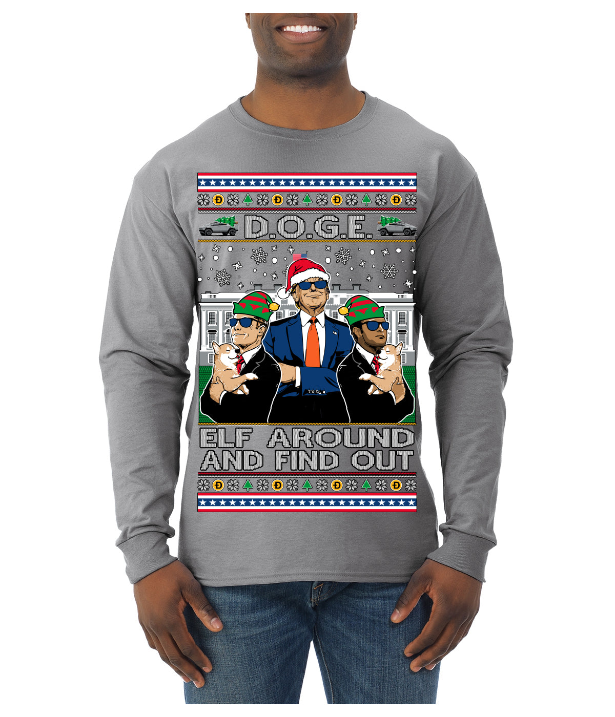 Doge Elf Around and Find Out Trump Elon Vivek MAGA Ugly Christmas Sweater Mens Long Sleeve Shirt