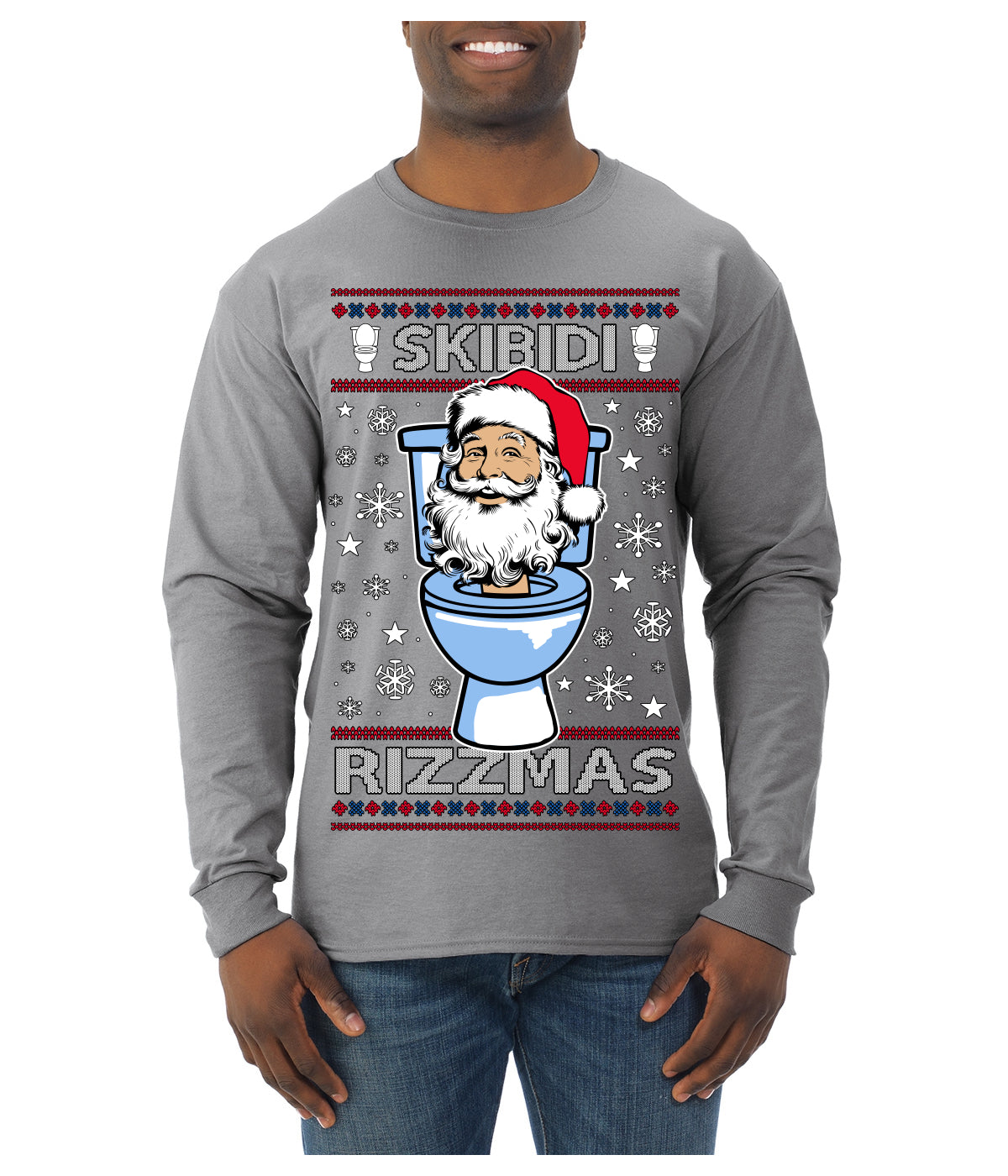 Skibidi Rizzmas Funny Toilet Video Viral Brain Rot Meme, Gen Z Alpha Slang Brainrot Memes Ugly Christmas Sweater Mens Long Sleeve Shirt